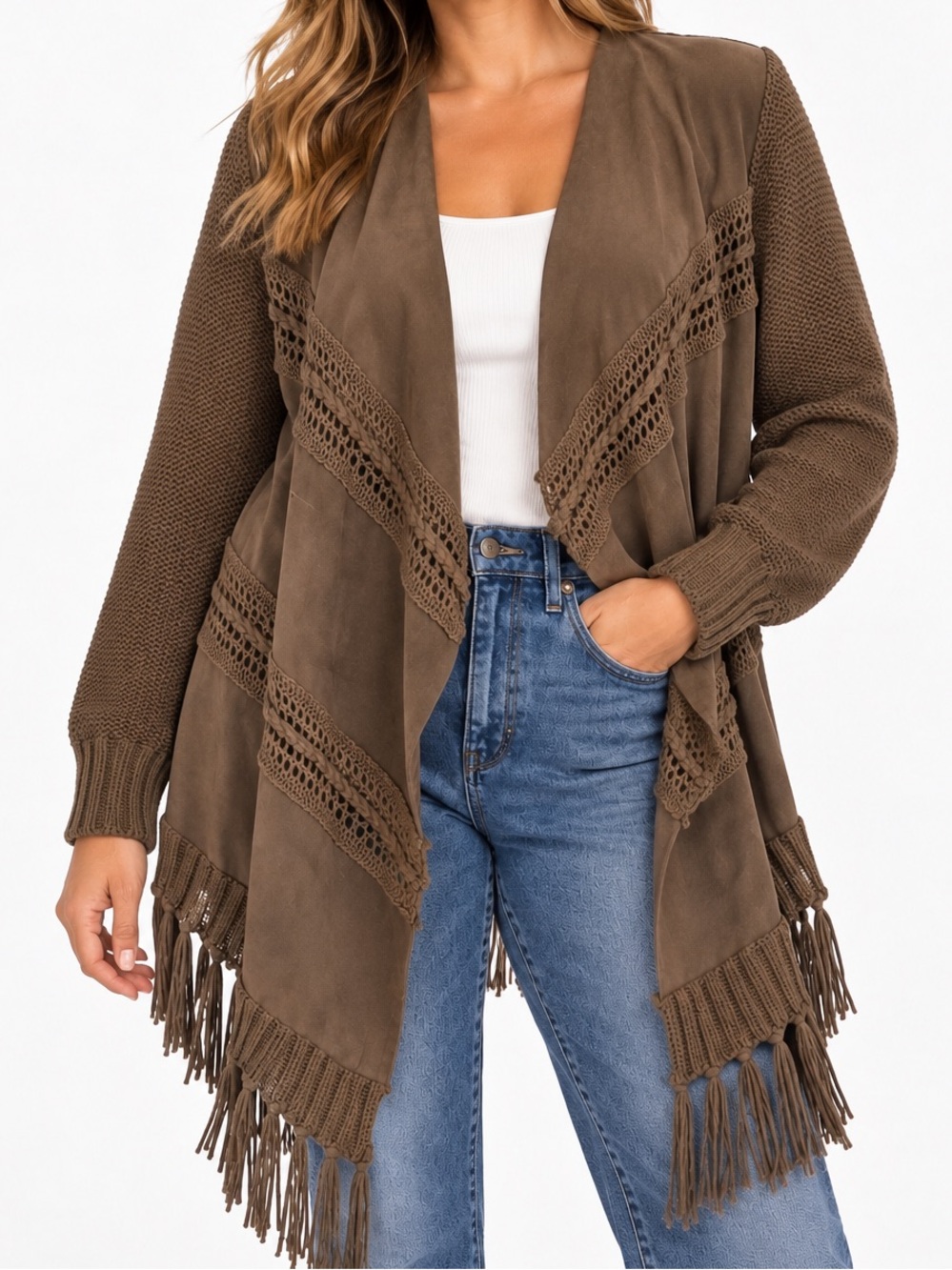 INC International Concepts Brown Faux Suede Fringe Open Front Cardigan Large